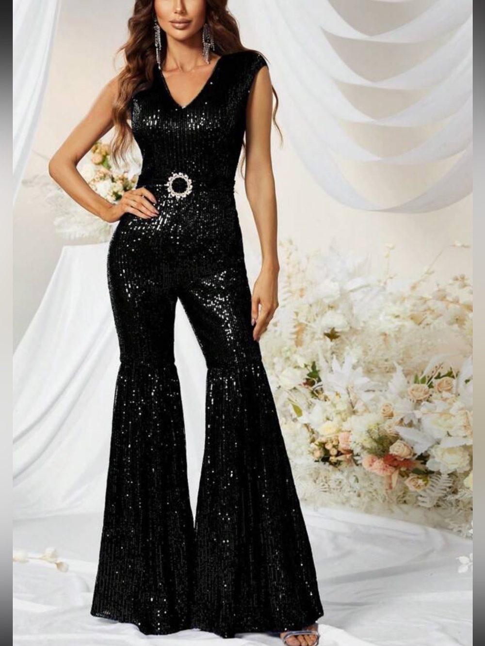Black Sequin V-Neck Flared Jumpsuit with Decorative Buckle